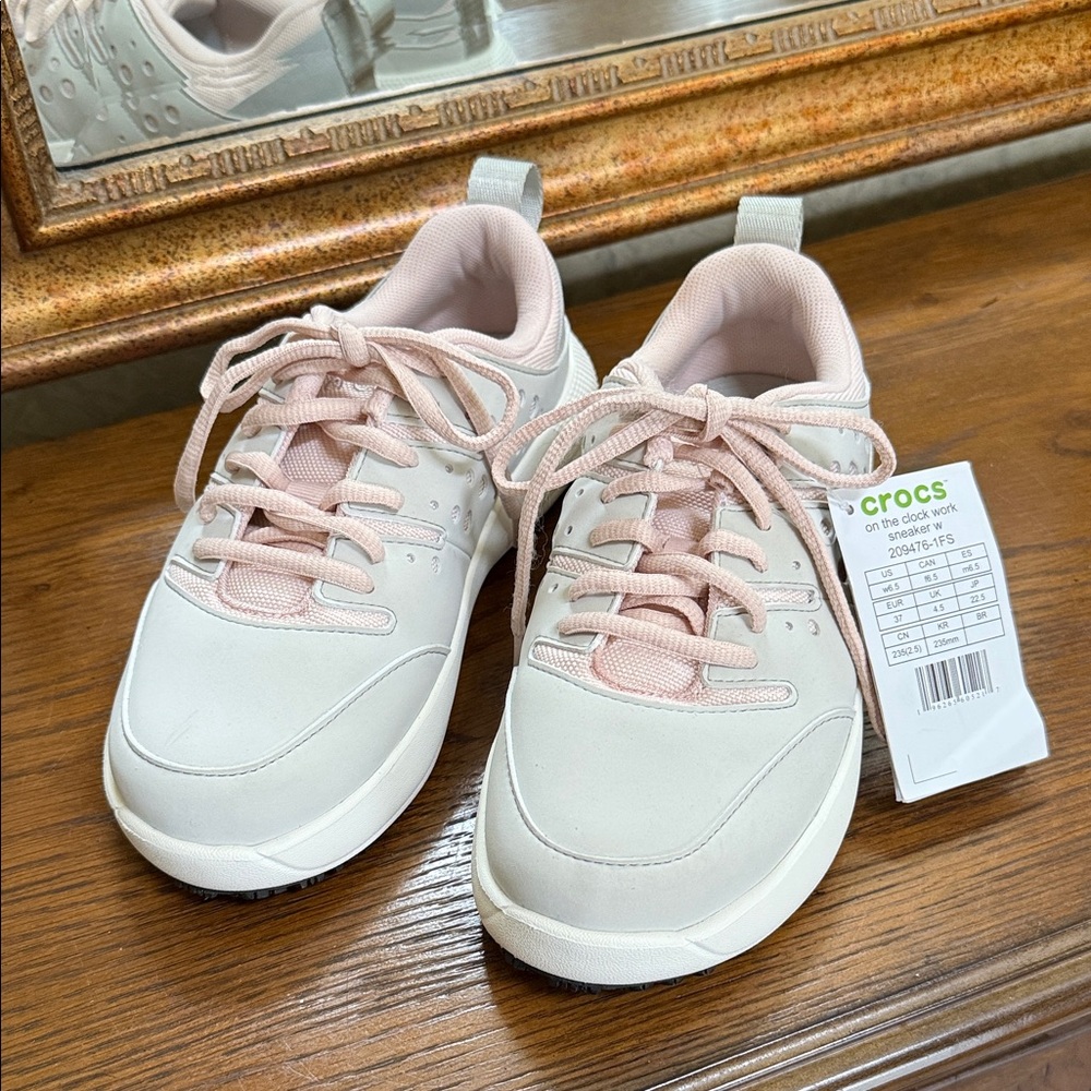 CROCS On the clock-work/casual pale pink & light grey lace-up sneakers. Size 6.5 - Picture 1 of 16